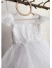 White Grid Lace Tulle V Back Short Flower Girl Dress